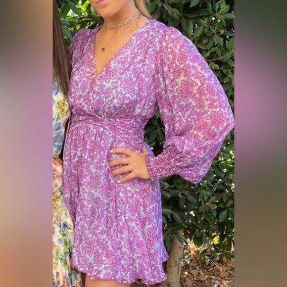 AMUR TWIST-FRONT DRESS PURPLE/BLUE PRINTED SILK CHIFFON SIZE 4 LONG SLEEVE MINI - Picture 2 of 10